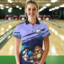 Load image into Gallery viewer, Woman wearing a personalized bowling shirt with a sloth design in a bowling alley.