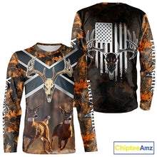 Load image into Gallery viewer, Hunting Shirt with Running Deer Design US Flag - Orange Camo Custom Name 3D Print NHT329