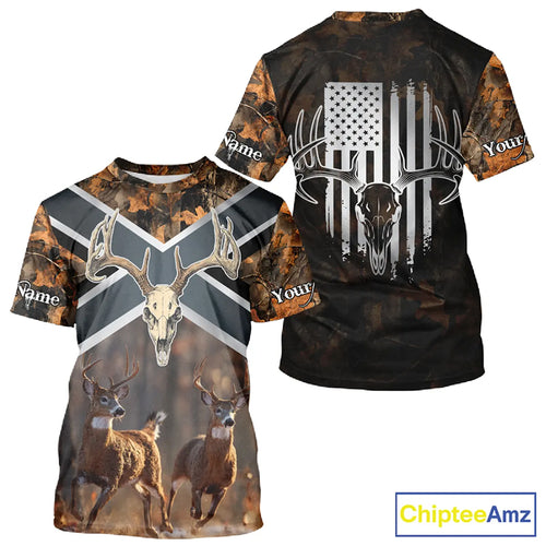 Hunting Shirt with Running Deer Design US Flag - Orange Camo Custom Name 3D Print NHT329