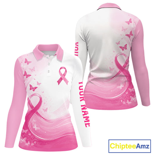 Personalized Breast Cancer Awareness Women’s Golf Polo Pink Ribbon & Butterflies Custom Name