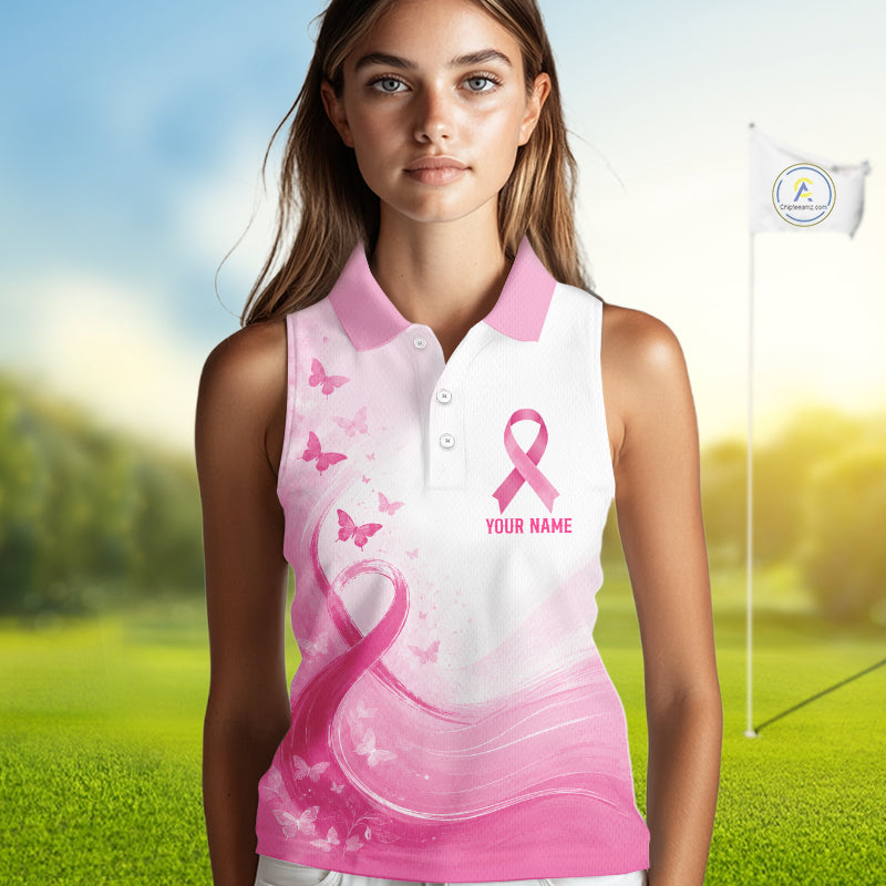 Personalized Breast Cancer Awareness Women’s Sleeveless Golf Polo Pink Ribbon & Butterflies Custom Name