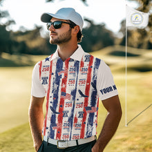 Load image into Gallery viewer, Man wearing a patriotic-themed golf shirt on a golf course