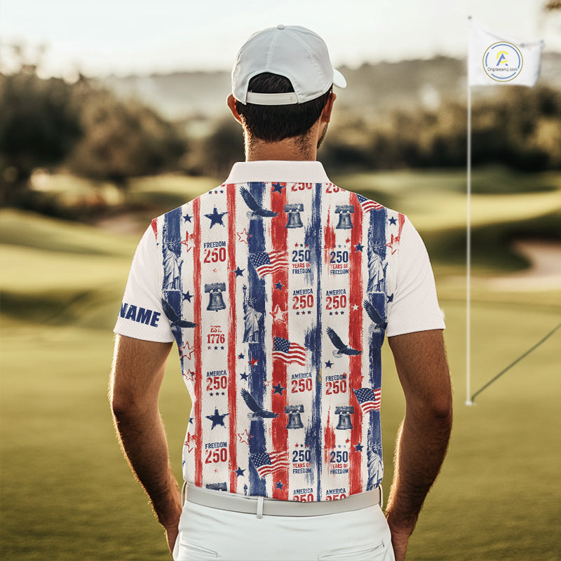 Man wearing a patriotic-themed golf shirt on a golf course