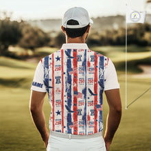 Load image into Gallery viewer, Man wearing a patriotic-themed golf shirt on a golf course