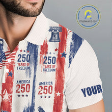 Load image into Gallery viewer, Person wearing a shirt with American flag design and text on a gray background