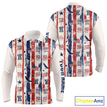 Load image into Gallery viewer, White shirt with American flag and Liberty Bell pattern, featuring ChipteeAmz branding.