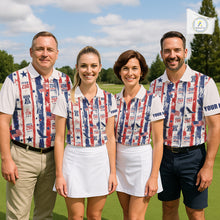 Load image into Gallery viewer, Four people in matching golf outfits on a golf course with a flag in the background.
