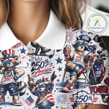 Load image into Gallery viewer, Funny Patriotic Raccoon Personalized Women's Golf Polo Shirt- America 250 Years Golf Gift