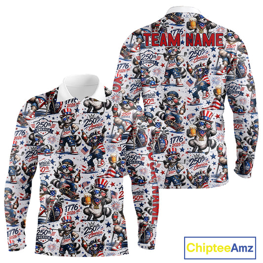 Funny Patriotic Raccoon Personalized Men's Golf Polo Shirt- America 250 Years Golf Gift
