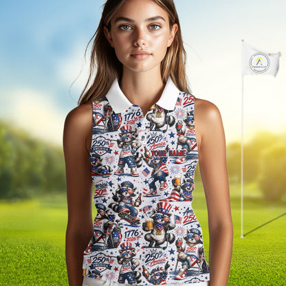 Funny Patriotic Raccoon Personalized Women's Sleeveless Golf Polo Shirt- America 250 Years Golf Gift
