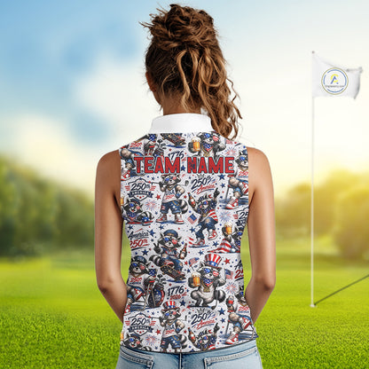 Funny Patriotic Raccoon Personalized Women's Sleeveless Golf Polo Shirt- America 250 Years Golf Gift