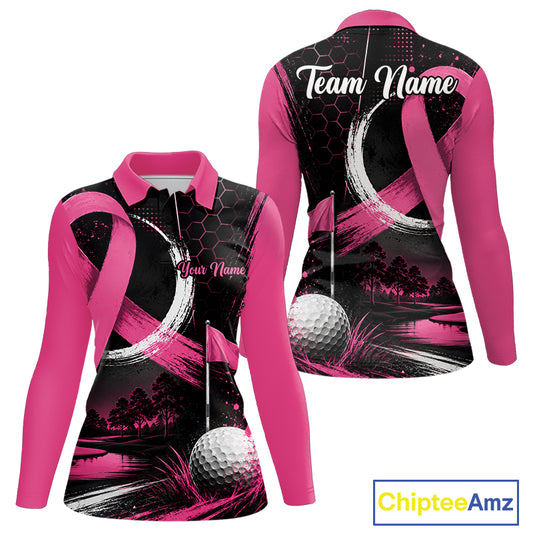 Front and back views of a long-sleeve women's polo shirt with a pink and black golf-themed graphic print, featuring a golf ball, flag, trees, and customizable text placeholders on a white background.