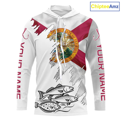 Personalized Inshore Slam Snook, Redfish,Trout Florida Flag Fishing Shirts Long Sleeve Hooded For Men NHT848
