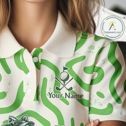 Personalized Funny Skeleton Womens Golf Polo Shirt Green Abstract Pattern Custom Golf Shirt For Team Name & Name NHT618