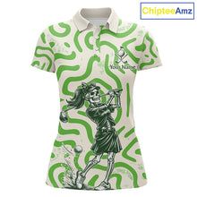 Load image into Gallery viewer, Personalized Funny Skeleton Womens Golf Polo Shirt Green Abstract Pattern Custom Golf Shirt For Team Name &amp; Name NHT618