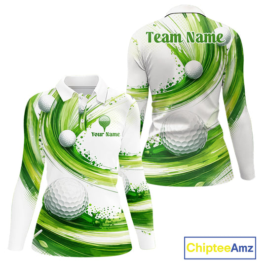 Custom Green Wave Womens Golf Polo Shirt With Ball Design Personalized Team Name & Name Golf Shirt NHT623