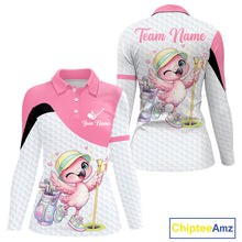 Load image into Gallery viewer, Pink Womens Golf Polo Shirt Pink Flamingos Pattern Custom Name Team Flamingo Golf Polo Shirts NHT626