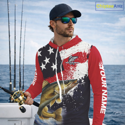 Personalized Walleye Fishing Jerseys, Custom American Flag Walleye Hooded Fishing Shirts Long Sleeve NHT488