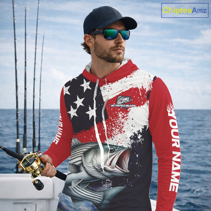 Personalized Striped Bass Fishing Jerseys, Custom American Flag Bass Hooded Fishing Shirts Long Sleeve NHT489