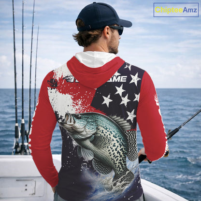 Personalized Crappie Fishing Jerseys, Custom American Flag Crappie Hooded Fishing Shirts Long Sleeve NHT491