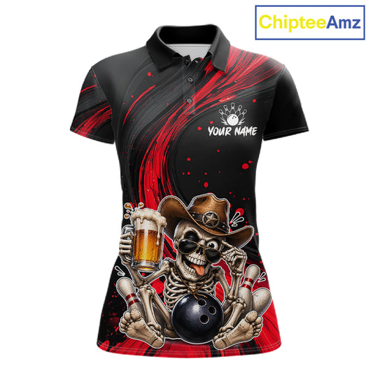Funny Skeleton Cowboy Women Bowling Shirt, Personalized Red Color Beer Bowler Polo & Quarter-Zip 