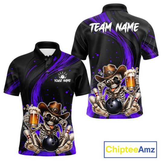 Black and purple bowling shirt with skeleton design and 'Team Name' text on a white background.