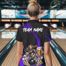 Load image into Gallery viewer, Person wearing a black bowling shirt with a skeleton design in a bowling alley.