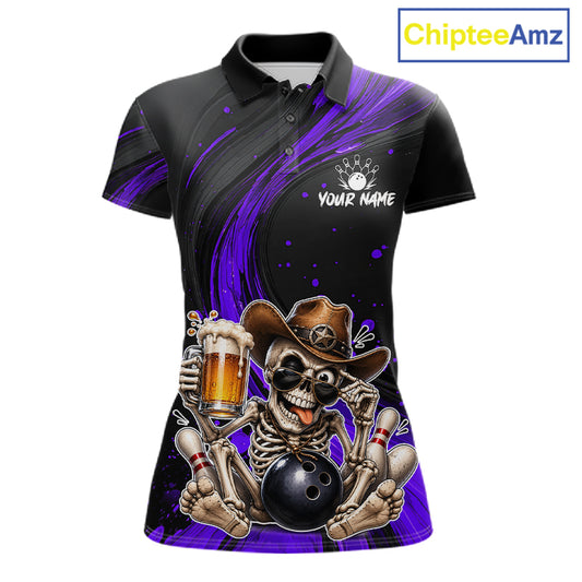 Funny Skeleton Cowboy Women Bowling Shirt, Personalized Purple Color Beer Bowler Polo & Quarter-Zip 