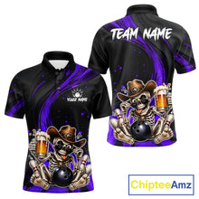 Load image into Gallery viewer, Black and purple bowling shirt with skeleton design and 'Team Name' text on a white background.