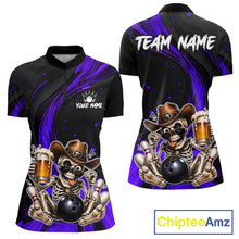 Load image into Gallery viewer, Black and purple bowling shirt with skeleton design and 'Team Name' text, featuring ChipteeAmz branding.