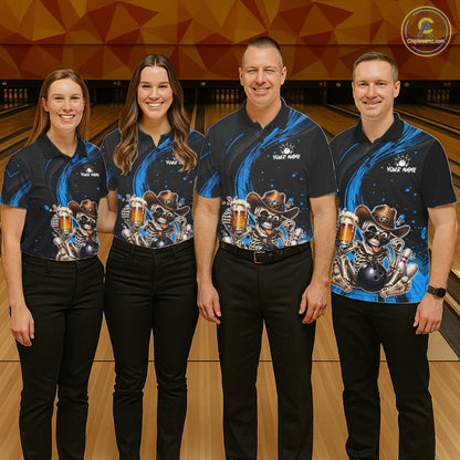 Funny Skeleton Cowboy Bowling Shirt, Personalized Blue Color Beer Bowler Polo & Quarter-Zip NHT1163