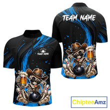 Load image into Gallery viewer, Black and blue bowling shirt with skeleton design and 'Team Name' text, featuring ChipteeAmz branding.