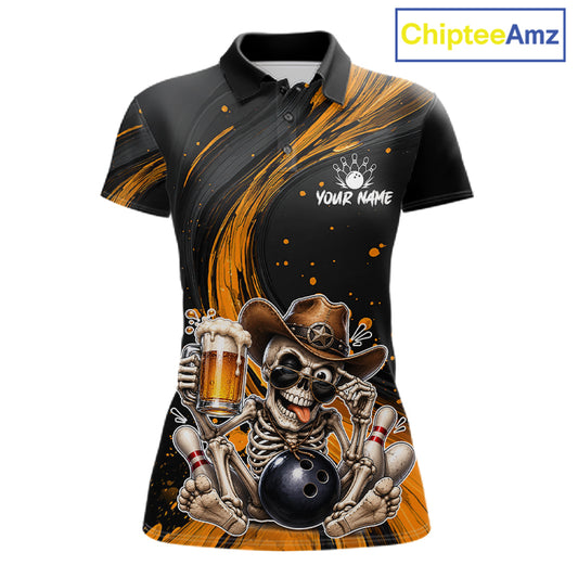Polo shirt with a skeleton wearing a cowboy hat and holding a beer, sitting on a bowling ball, on a white background. Brand 'Chiptee Amz' visible.