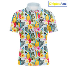 Load image into Gallery viewer, Funny Tropical Parrot Mens Golf Polo Shirt – Custom Name Shirt For Men, Summer Beach Vacation Outfit NHT858