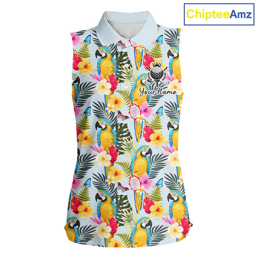 Funny Tropical Parrot Sleeveless Women Golf Polo Shirt – Custom Name Shirt For Womens, Summer Beach Vacation Outfit NHT858