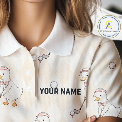 Personalized Argyle Funny Duck Pattern Womens Golf Polo Shirt - Custom Golf Team Gift