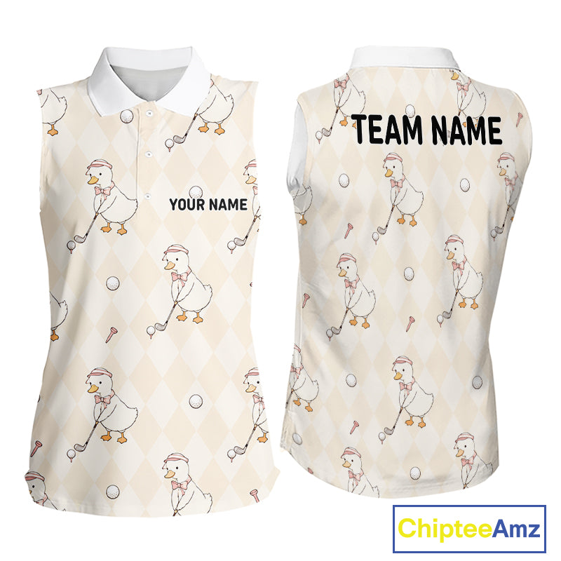 Personalized Argyle Funny Duck Pattern Womens Sleeveless Golf Polo Shirt - Custom Golf Team Gift