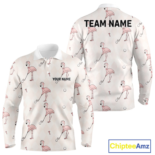 Personalized Argyle Funny Flamingo Pattern Polo Shirt - Custom Golf Team Gift