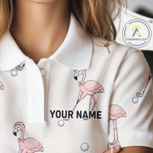 Load image into Gallery viewer, White shirt with pink flamingo designs and 'Your Name' text, brand logo visible