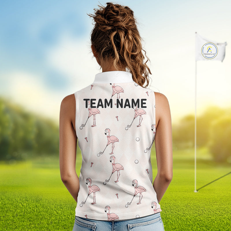Woman wearing a sleeveless polo shirt with flamingo patterns and 'TEAM NAME' text on a golf course.
