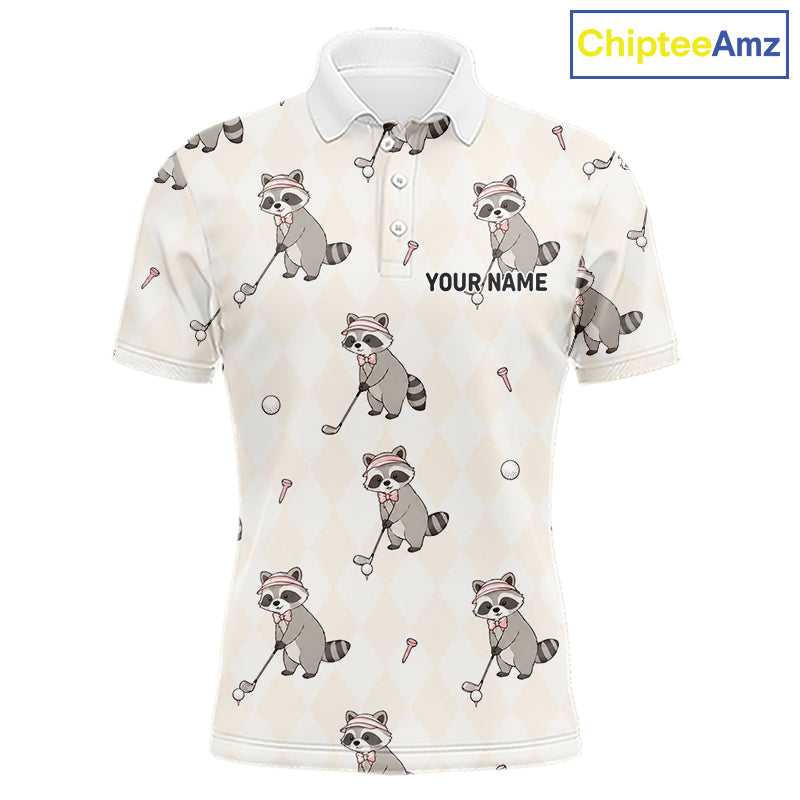 Personalized Funny Argyle Raccoon Pattern Polo Shirt - Custom Golf Team Gift