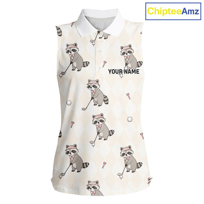 Personalized Funny Argyle Raccoon Pattern Womens Sleeveless Golf Polo Shirt - Custom Golf Team Gift