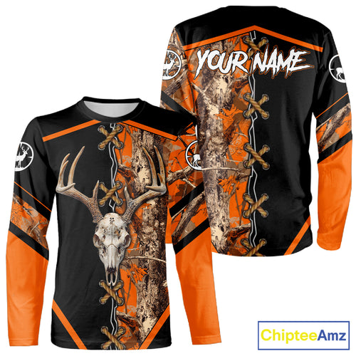Personalized Orange Camo Black Skull Deer Hunting 3D Shirts, Perfect Gift for Hunters NHT281
