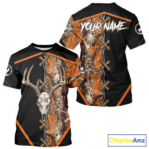 Personalized Orange Camo Black Skull Deer Hunting 3D Shirts, Perfect Gift for Hunters NHT281