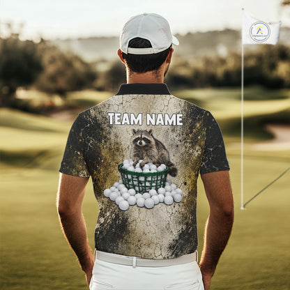 Person wearing a golf shirt with a raccoon design and 'TEAM NAME' text on a golf course.