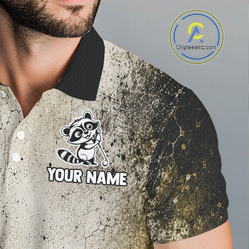 Person wearing a polo shirt with a raccoon logo and 'Your Name' text, brand logo in the corner.
