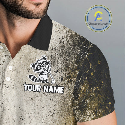 Person wearing a polo shirt with a raccoon logo and 'Your Name' text, brand logo in the corner.