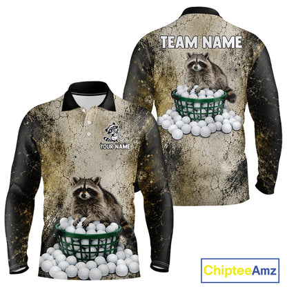 Long-sleeve shirt with raccoon design and customizable text on a white background