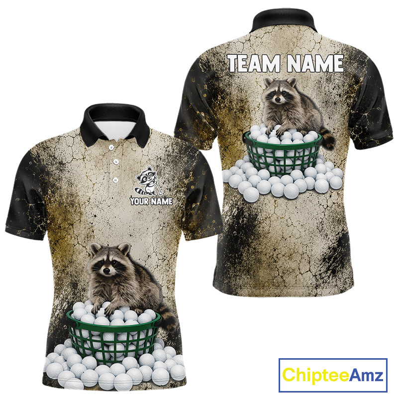 Polo shirt with raccoon design and customizable text on a white background