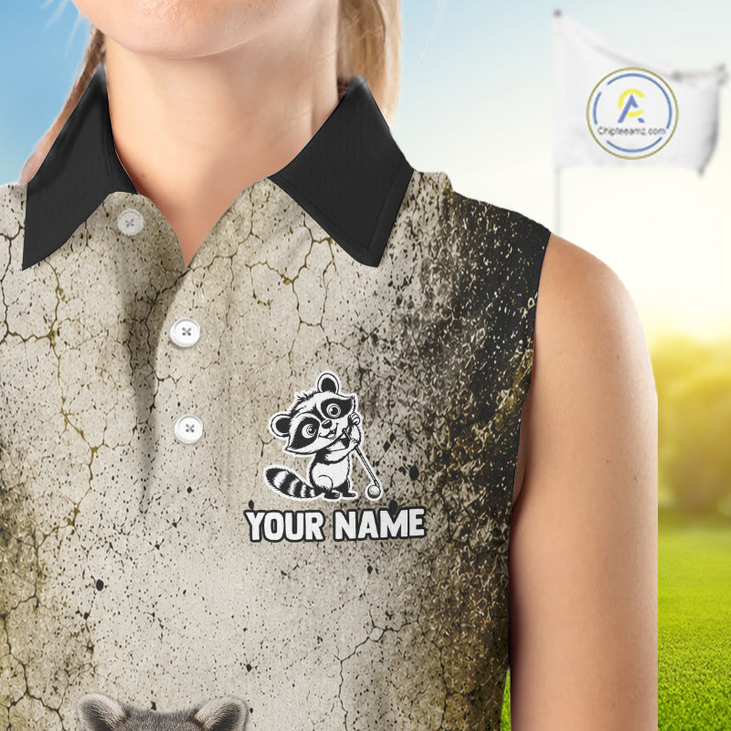 Sleeveless shirt with raccoon design and customizable text on a blurred outdoor background
